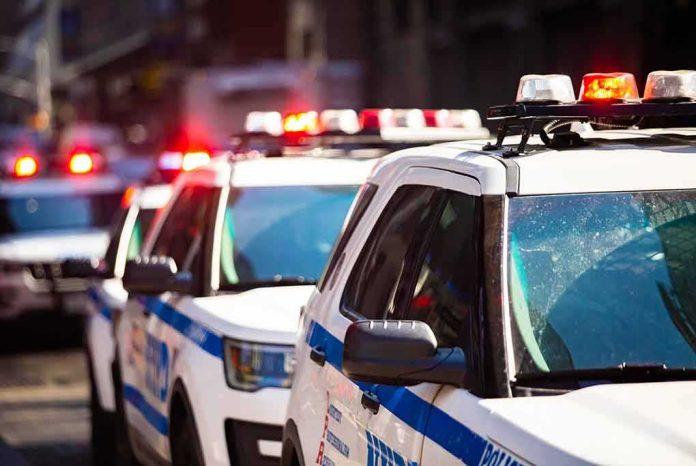 police cars with flashing lights on a city street