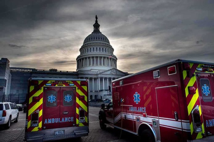 shutterstock_1436473043 Ambulances parked near a domed government building at dusk