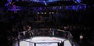 MMA octagon in arena under blue lights