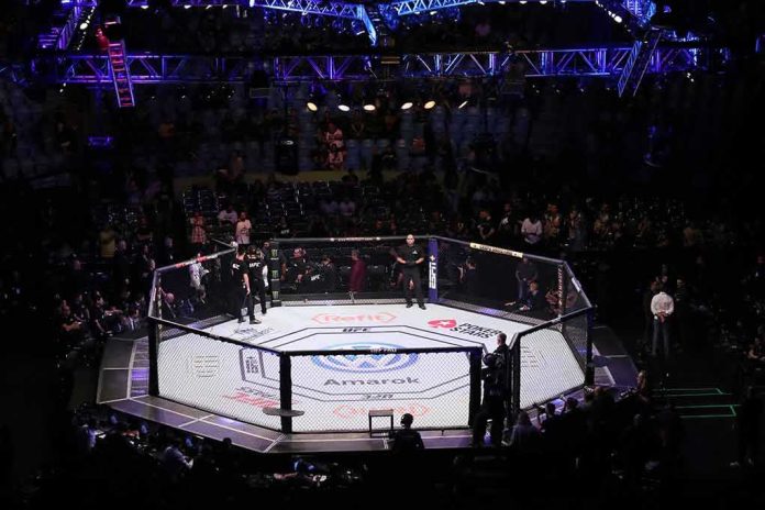MMA octagon in arena under blue lights