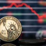 Trump Dollar Coin Released — Immediately Sold Out! U.S. dollar coin in front of falling stock chart