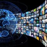 Surveillance Cameras Mapping U.S Citizens Every Move Digital globe with curved wall of multimedia screens