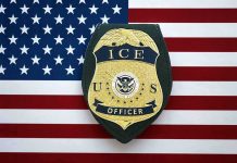 ICE officer badge on American flag background
