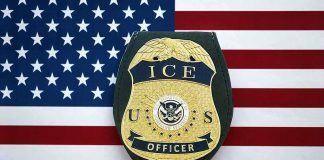 ICE officer badge on American flag background