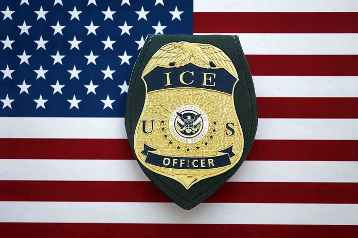 shutterstock_2753966395 ICE officer badge on American flag background