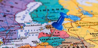 Map of the Baltic region with a blue pushpin marking Lithuania