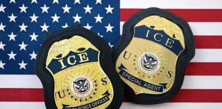 ICE badges on an American flag background