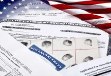 U.S. immigration and naturalization documents with American flag