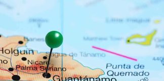 Map of eastern Cuba with a pin marking Guantánamo