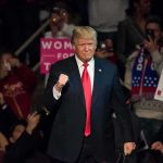 Donald Trump at a rally raising his fist amid a cheering crowd