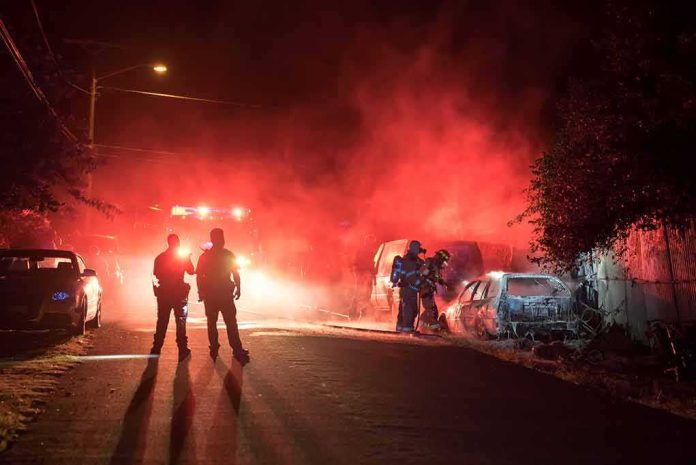 shutterstock_680019202 Firefighters and police at a nighttime car fire scene