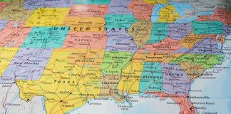 Map of the southern United States with state borders and cities