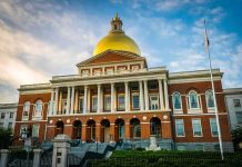 Massachusetts State House with golden dome and columns