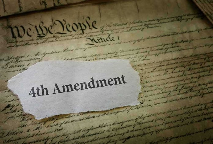 shutterstock_1040651329 Fourth Amendment text on torn paper over the U.S. Constitution