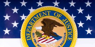 Department of Justice seal on American flag background