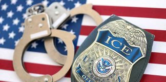 He Joined the Army Then They Reported His Wife to ICE ICE officer badge and handcuffs on an American flag