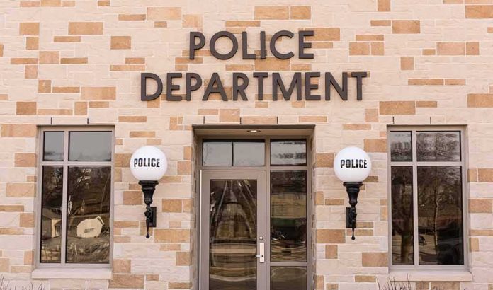 shutterstock_600837215 Police department building entrance with signage